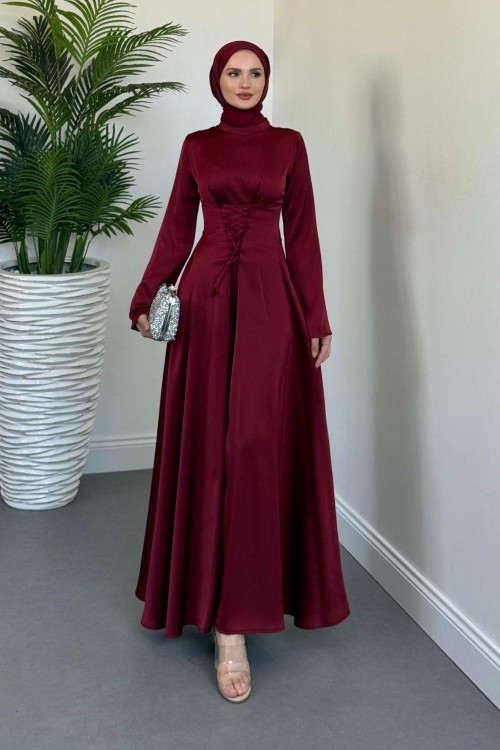Briva Önden Bağlama Saten Abiye Bordo