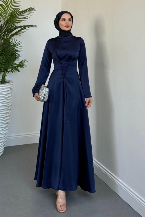 Briva Önden Bağlama Saten Abiye Lacivert