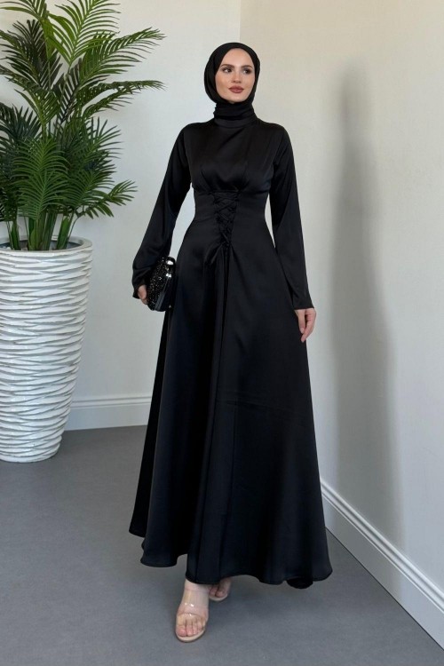 Briva Önden Bağlama Saten Abiye Siyah