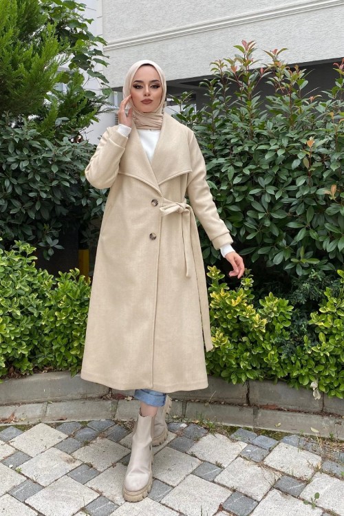 Bronş Detaylı Yandan Bağlamalı Kaşe Kaban Ekru