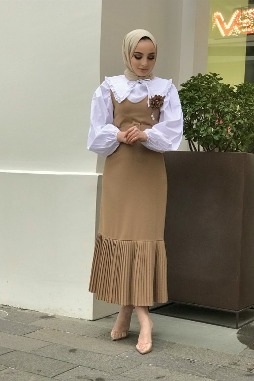 Bronş Deteylı Altı Pileli Jile SütlüKahve