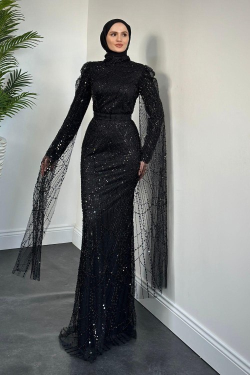 Brunella Pelerinli Taş İşlemeli Balık Model Abiye Siyah