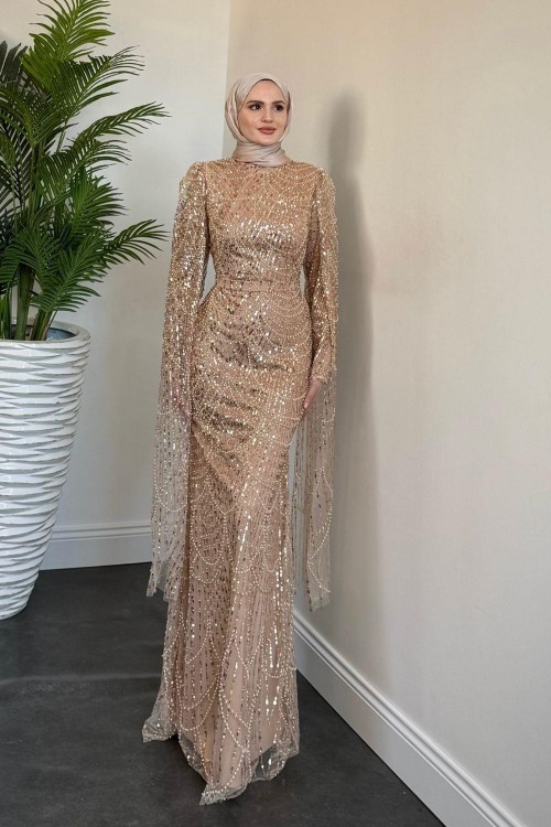 Brunella Pelerinli Taş İşlemeli Balık Model Abiye Gold