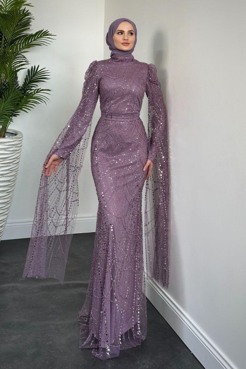   Brunella Pelerinli Taş İşlemeli Balık Model Abiye Lila (KEMERSİZDİR)