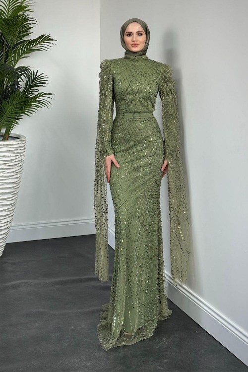 Brunella Pelerinli Taş İşlemeli Balık Model Abiye Haki