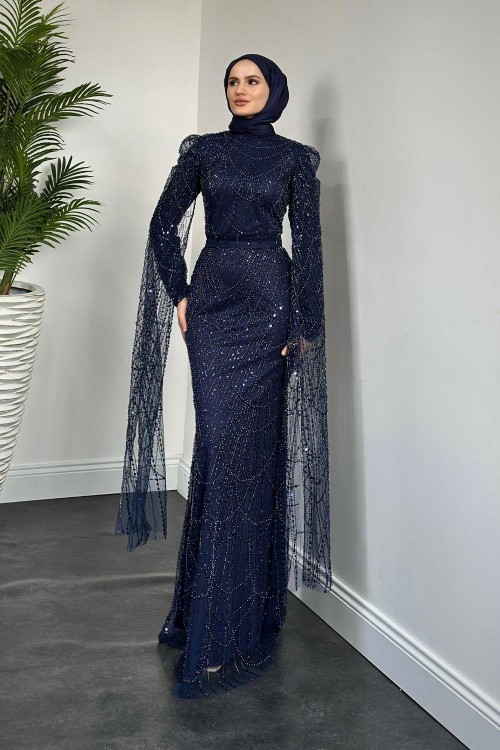 Brunella Pelerinli Taş İşlemeli Balık Model Abiye Lacivert