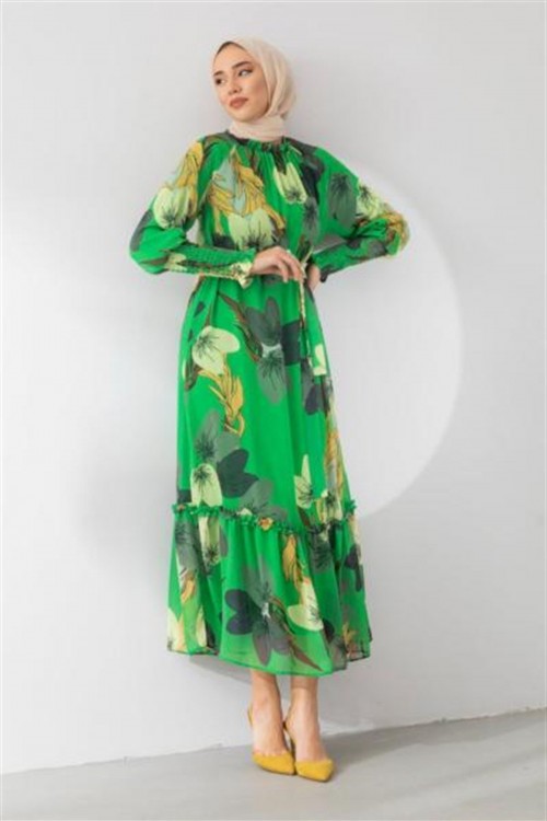 Büyük Çiçekli Şifon Elbise Yeşil