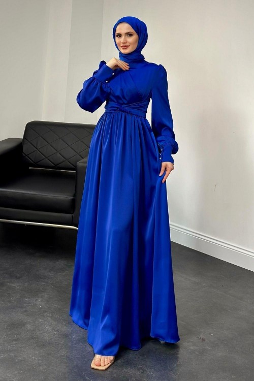 Camelia Kruvaze Yaka Saten Abiye Saks Mavisi