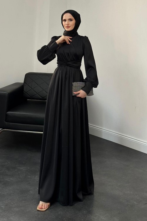 Camelia Kruvaze Yaka Saten Abiye Siyah