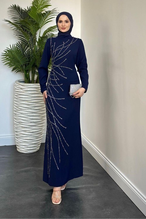 Candi Taşlı Krep Abiye Lacivert