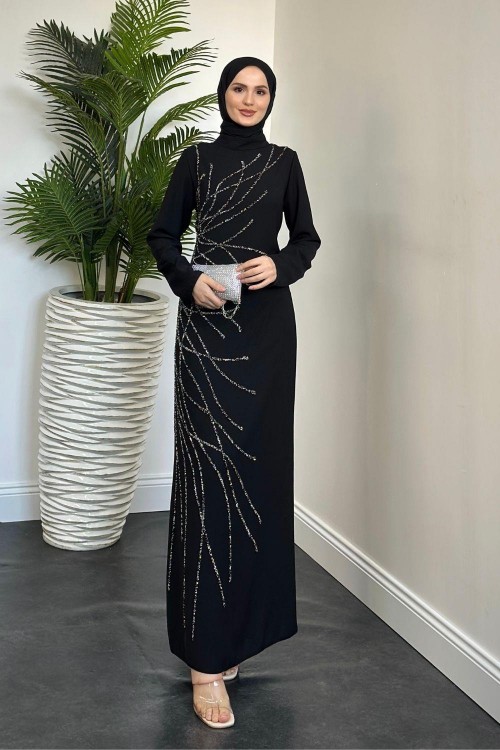 Candi Taşlı Krep Abiye Siyah