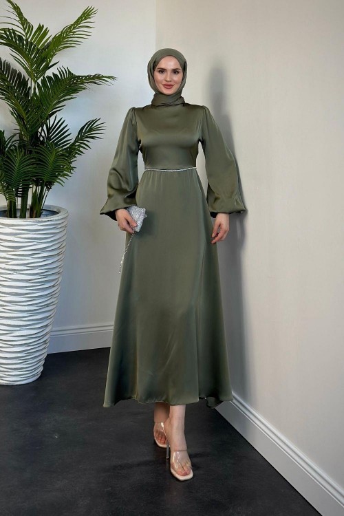 Canna Beli Taş İşlemeli Saten Abiye Haki