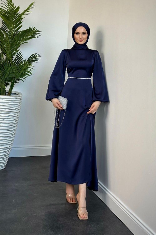 Canna Beli Taş İşlemeli Saten Abiye Lacivert