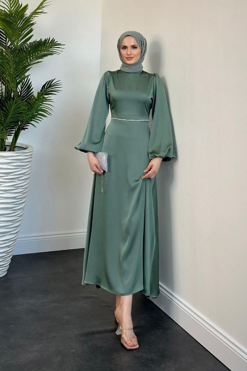 Canna Beli Taş İşlemeli Saten Abiye Mint