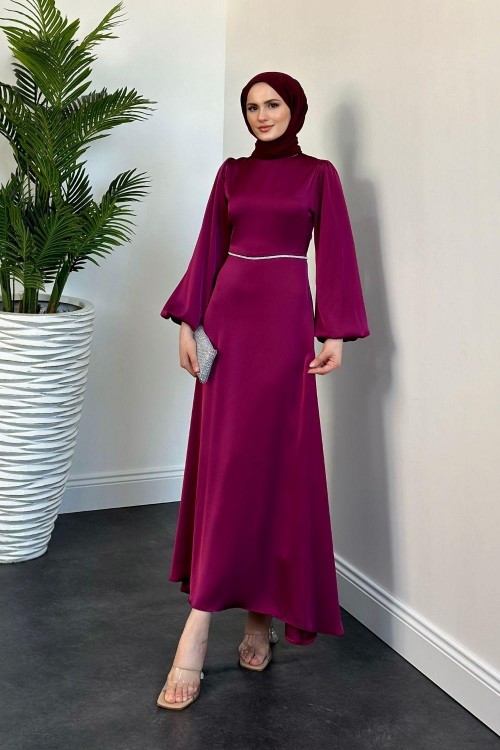 Canna Beli Taş İşlemeli Saten Abiye Mürdüm