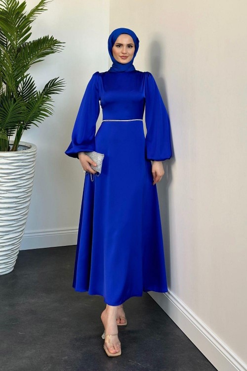 Canna Beli Taş İşlemeli Saten Abiye Saks