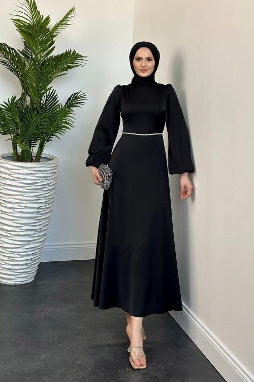 Canna Beli Taş İşlemeli Saten Abiye Siyah