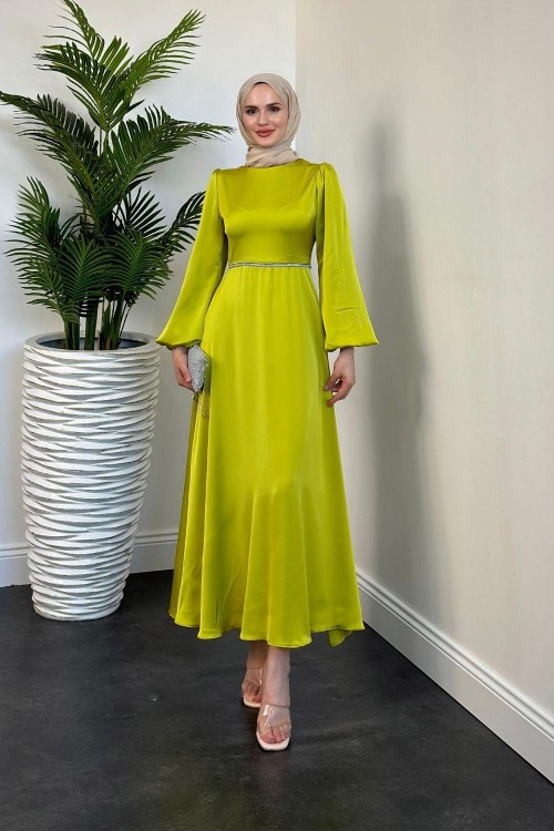 Canna Beli Taş İşlemeli Saten Abiye Yağ Yeşili