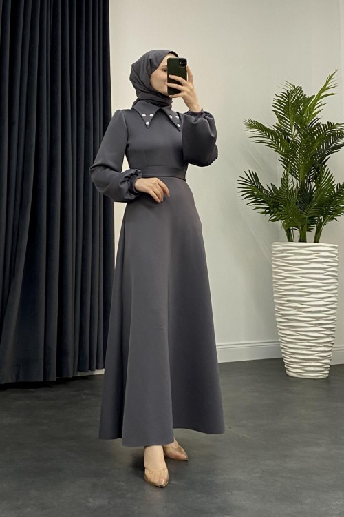 Carey Scuba Yakası Taşlı Elbise Füme