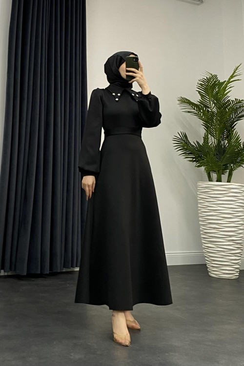 Carey Scuba Yakası Taşlı Elbise Siyah