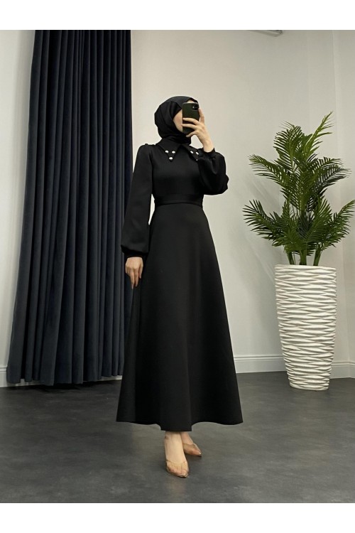 Carey Scuba Yakası Taşlı Elbise Siyah