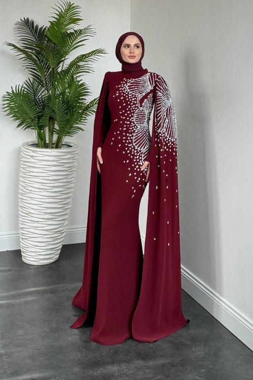 Carla Yandan Taşlı Abiye Bordo