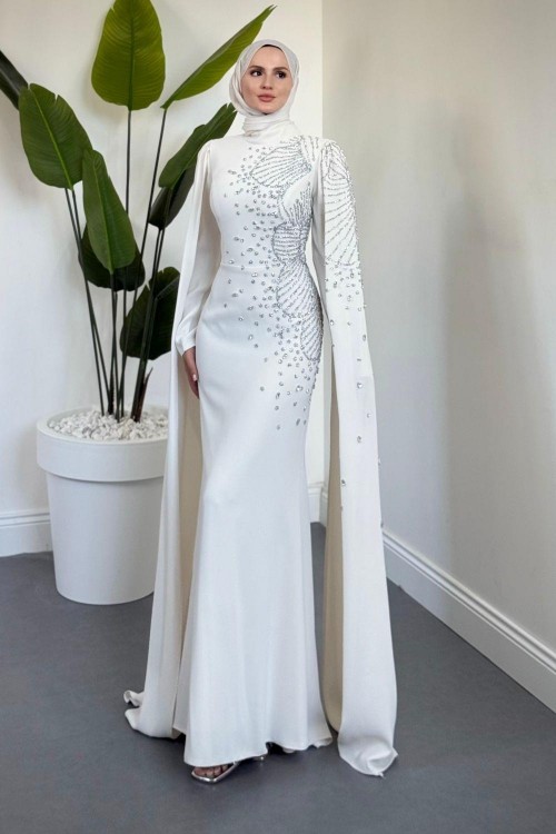 Carla Yandan Taşlı Abiye Kırık Beyaz