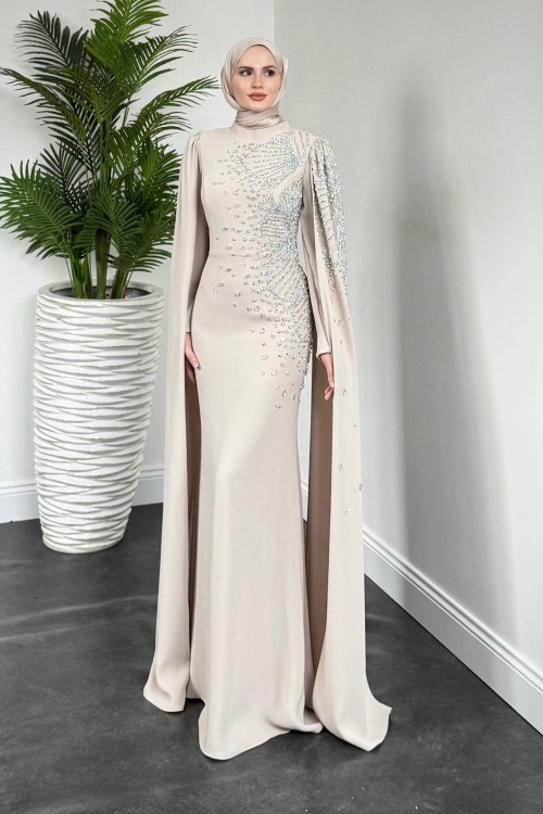 Carla Yandan Taşlı Abiye Krem