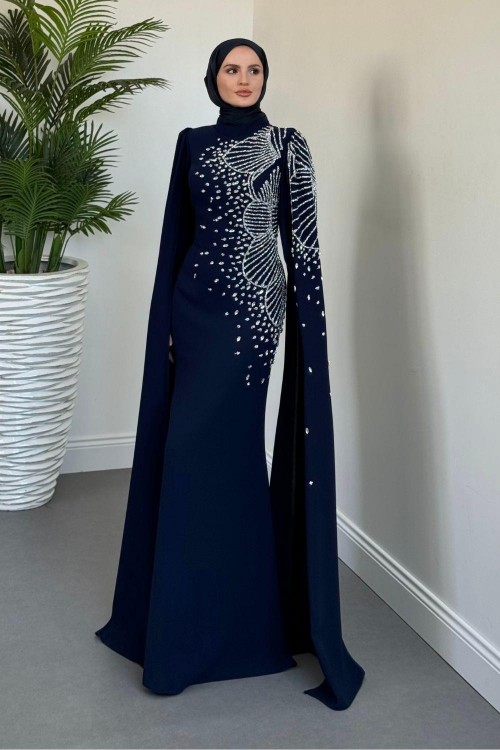 Carla Yandan Taşlı Abiye Lacivert