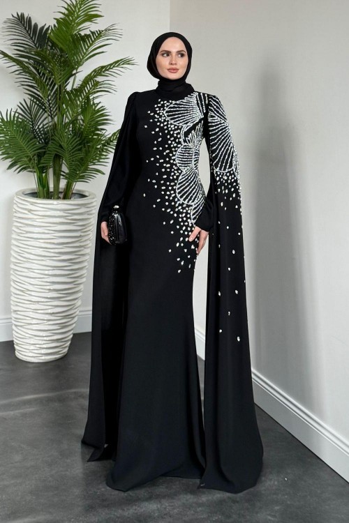 Carla Yandan Taşlı Abiye Siyah