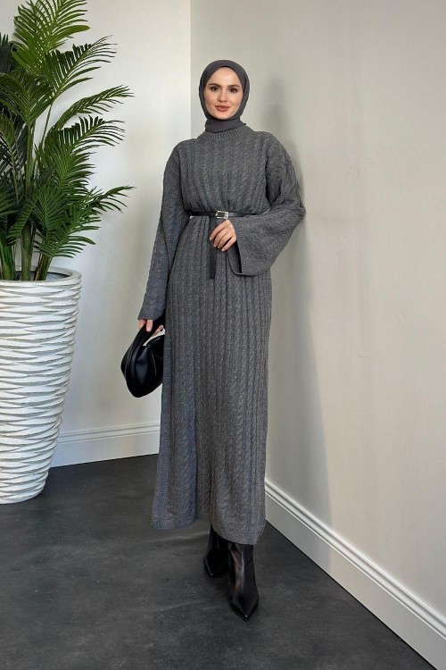 Carleen Burgu Desen Triko Elbise Gri