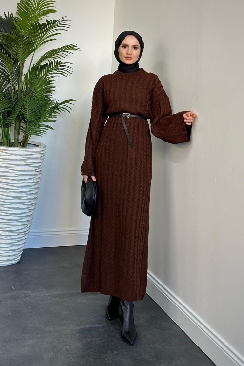 Carleen Burgu Desen Triko Elbise Kahverengi