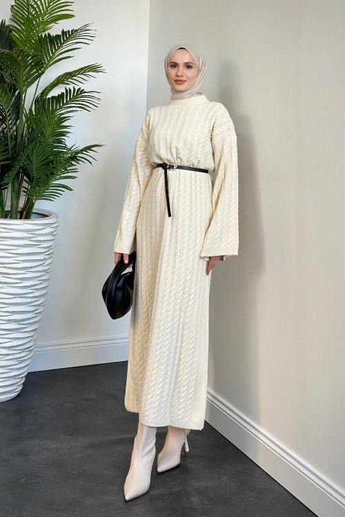 Carleen Burgu Desen Triko Elbise Krem