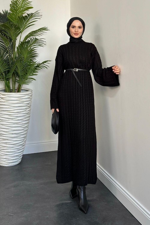 Carleen Burgu Desen Triko Elbise Siyah