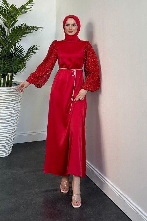 Carlotta Balon Kol Saten Abiye Kırmızı