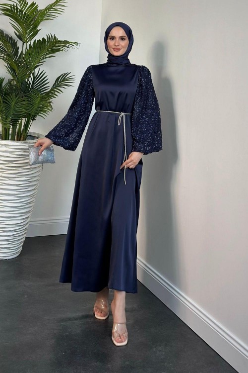 Carlotta Balon Kol Saten Abiye Lacivert