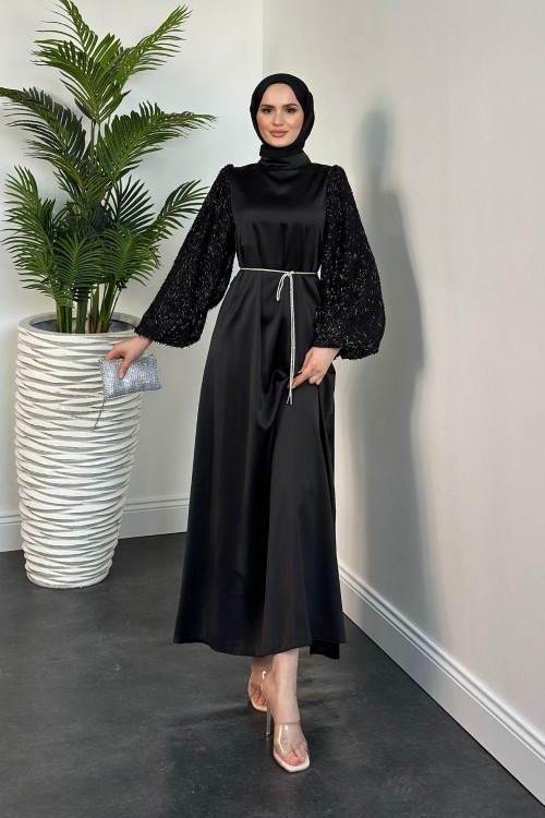 Carlotta Balon Kol Saten Abiye Siyah