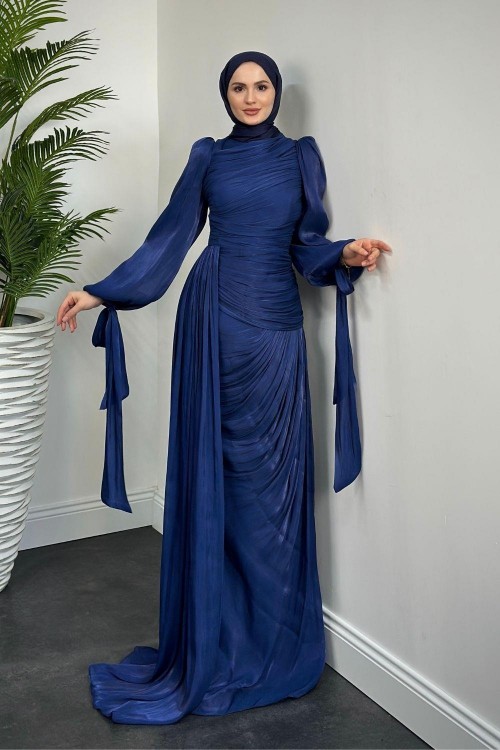 Canel Yanı Pelerinli  Abiye Lacivert