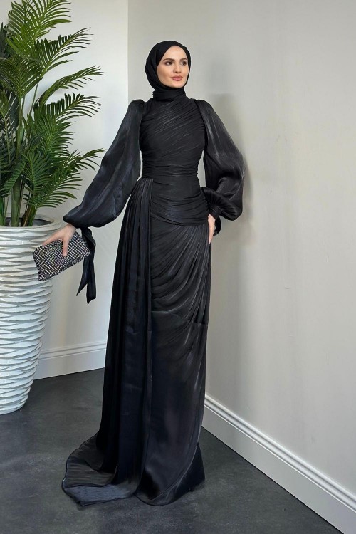 Canel Yanı Pelerinli  Abiye Siyah