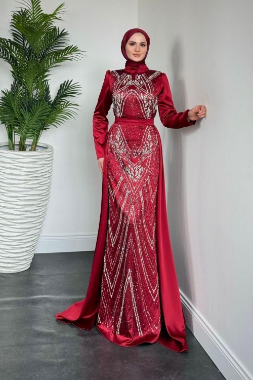 Carmelita Pelerinli Saten Abiye Bordo