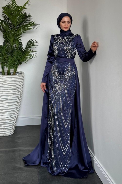 Carmelita Pelerinli Saten Abiye Lacivert