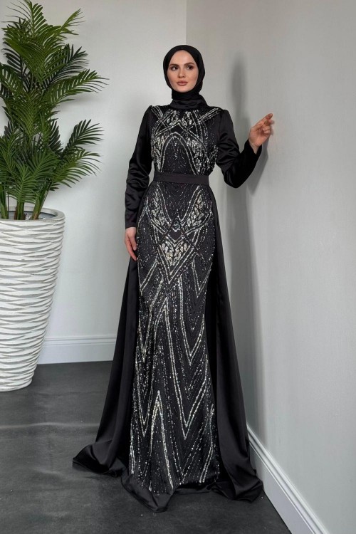 Carmelita Pelerinli Saten Abiye Siyah