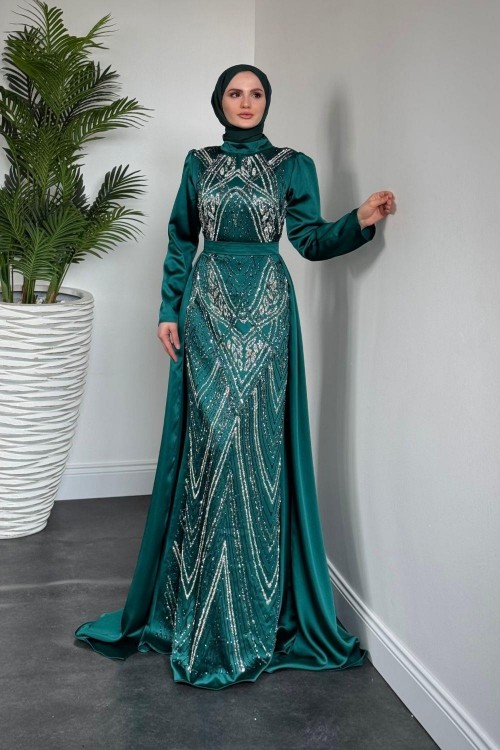 Carmelita Pelerinli Saten Abiye Zümrüt