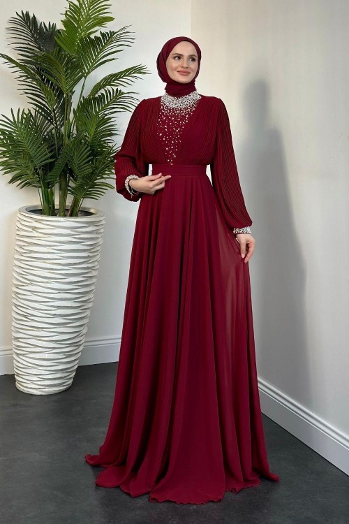 Carmen Önü İnci İşleme Abiye Bordo