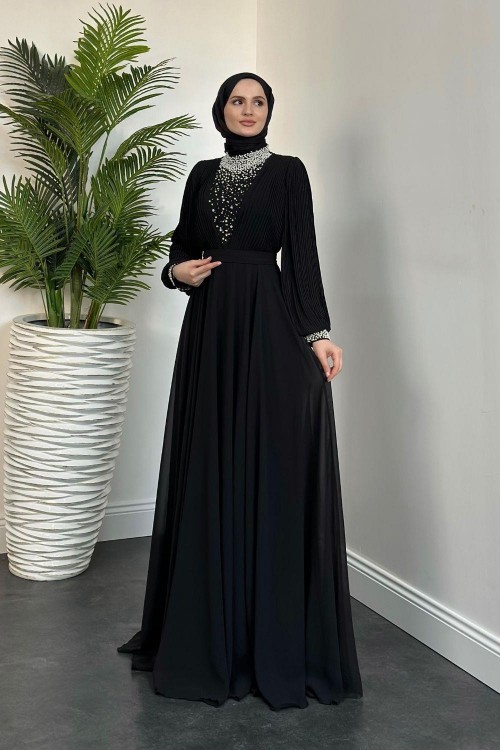 Carmen Önü İnci İşleme Abiye Siyah