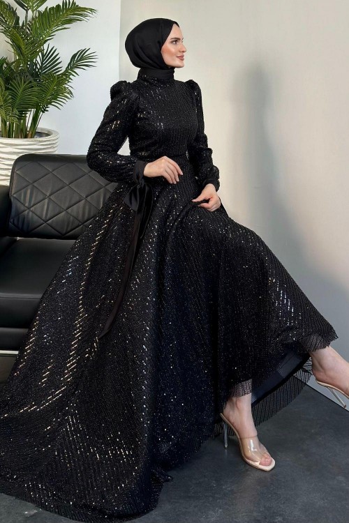 Caroline Tarlatanlı Boncuk İşleme Abiye Siyah