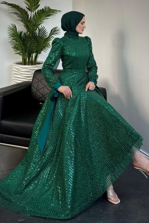 Caroline Tarlatanlı Boncuk İşleme Abiye Zümrüt