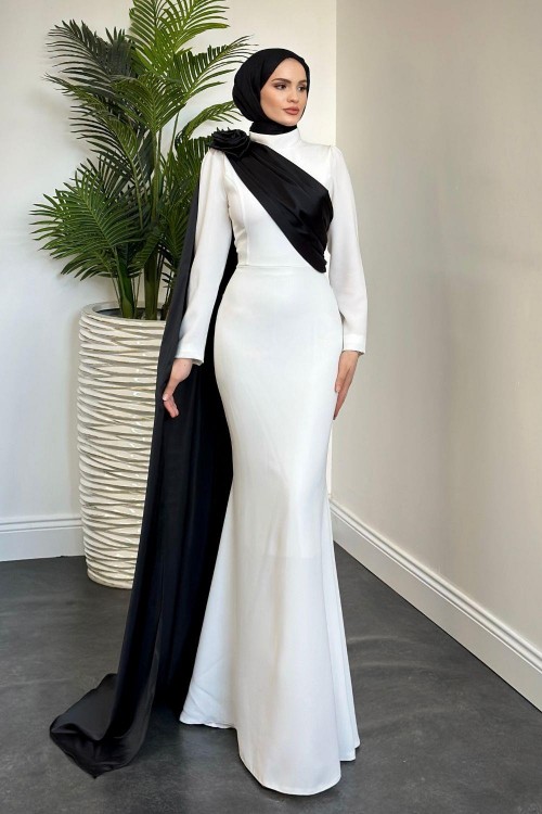 Castilya Pelerinli Omzu Gül Abiye Beyaz