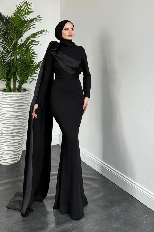 Castilya Pelerinli Omzu Gül Abiye Black