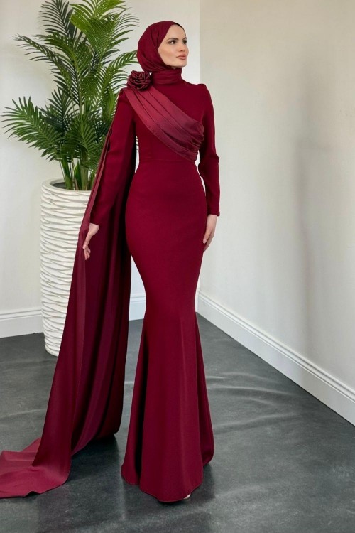 Castilya Pelerinli Omzu Gül Abiye Bordo